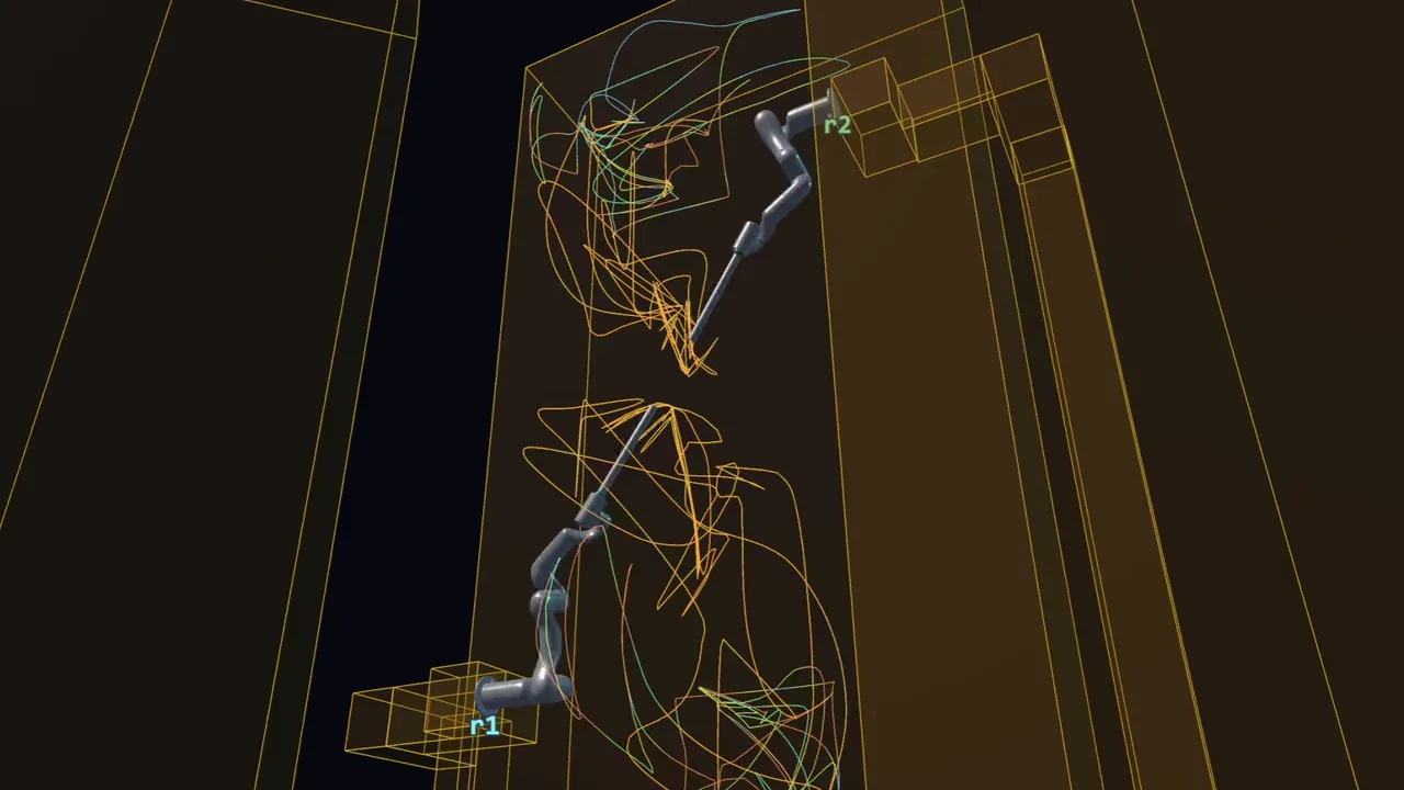Motion-Core 3D view: two robot arms moving through the venue's collision volumes, their trajectories traced in colour