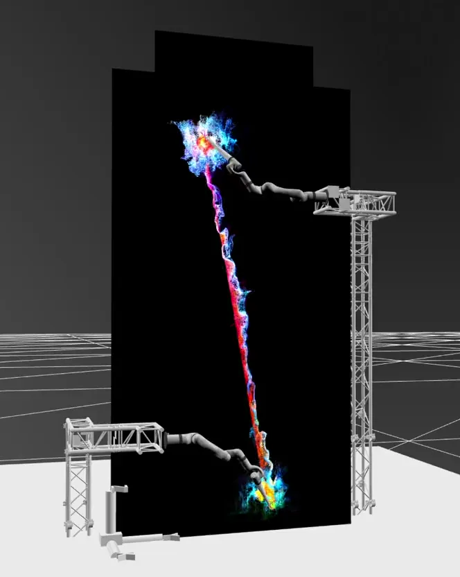 TouchDesigner previz of two arms on trusses beside a tall LED wall, a stream of paint running between their tool tips