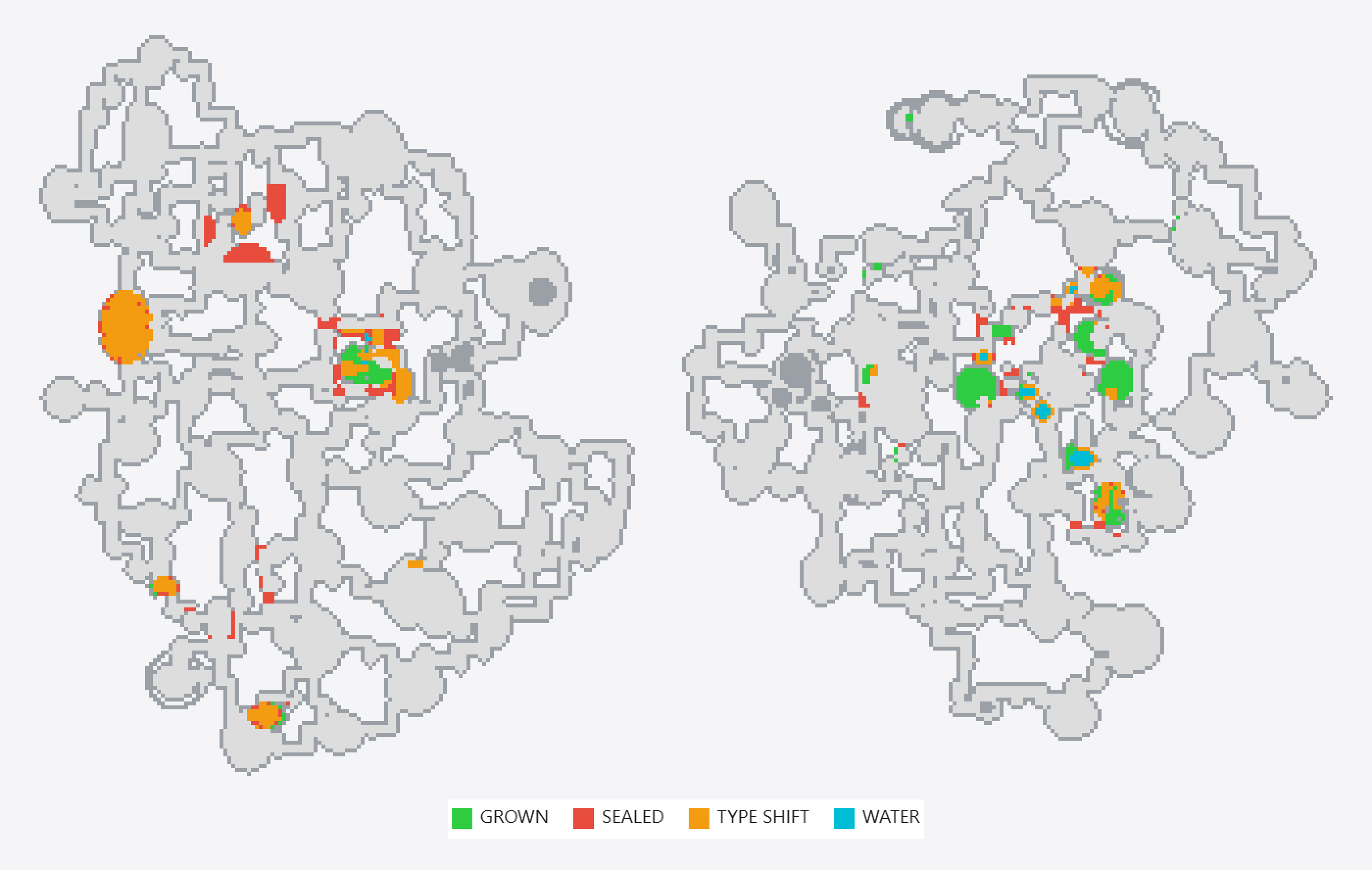 Two pixel floor plans of the wetland in grey, marked with green patches where rooms grew, red where they sealed, orange where they changed type and blue where water formed
