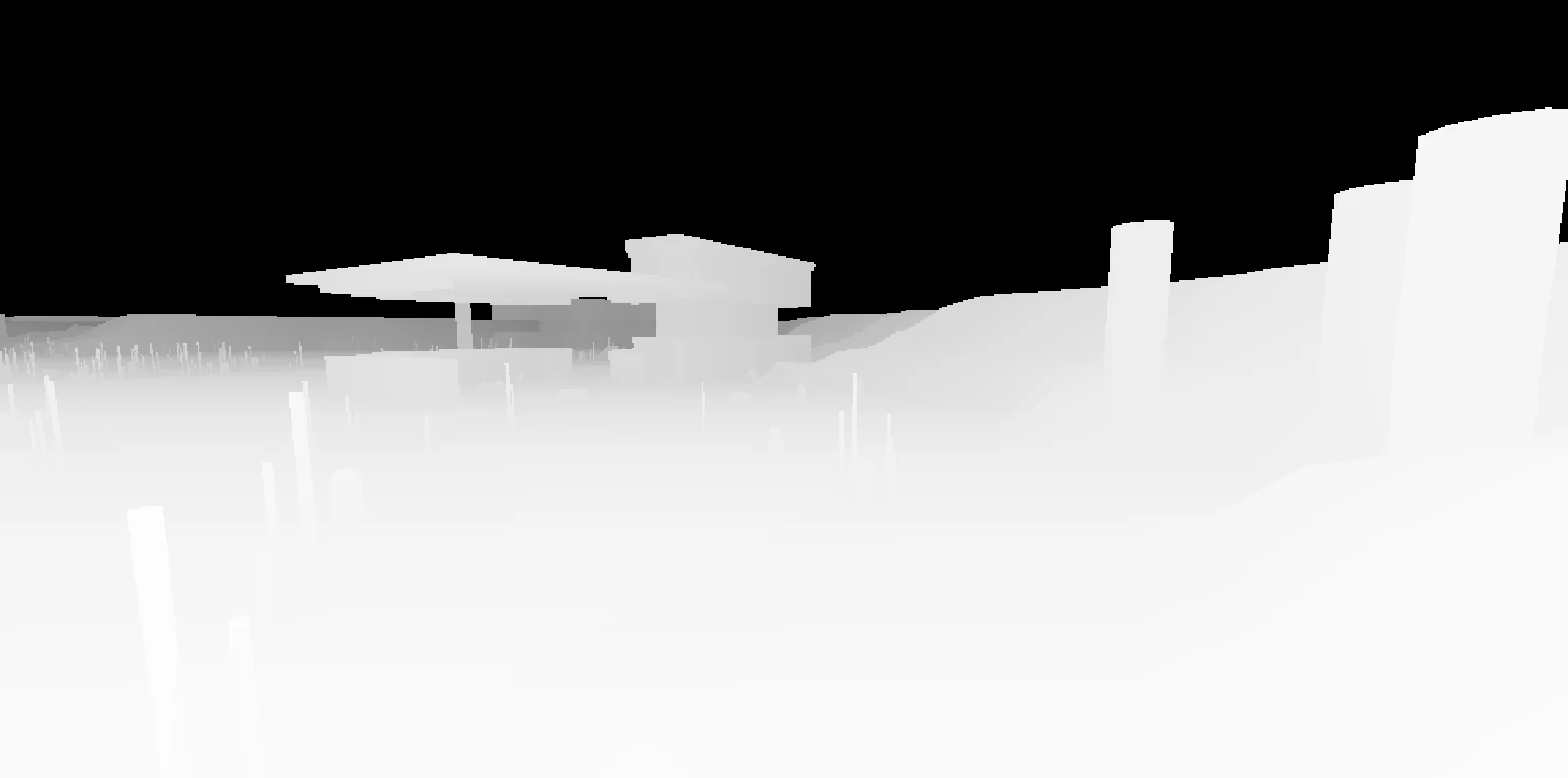 The same view as a depth map, near surfaces white and the sky black