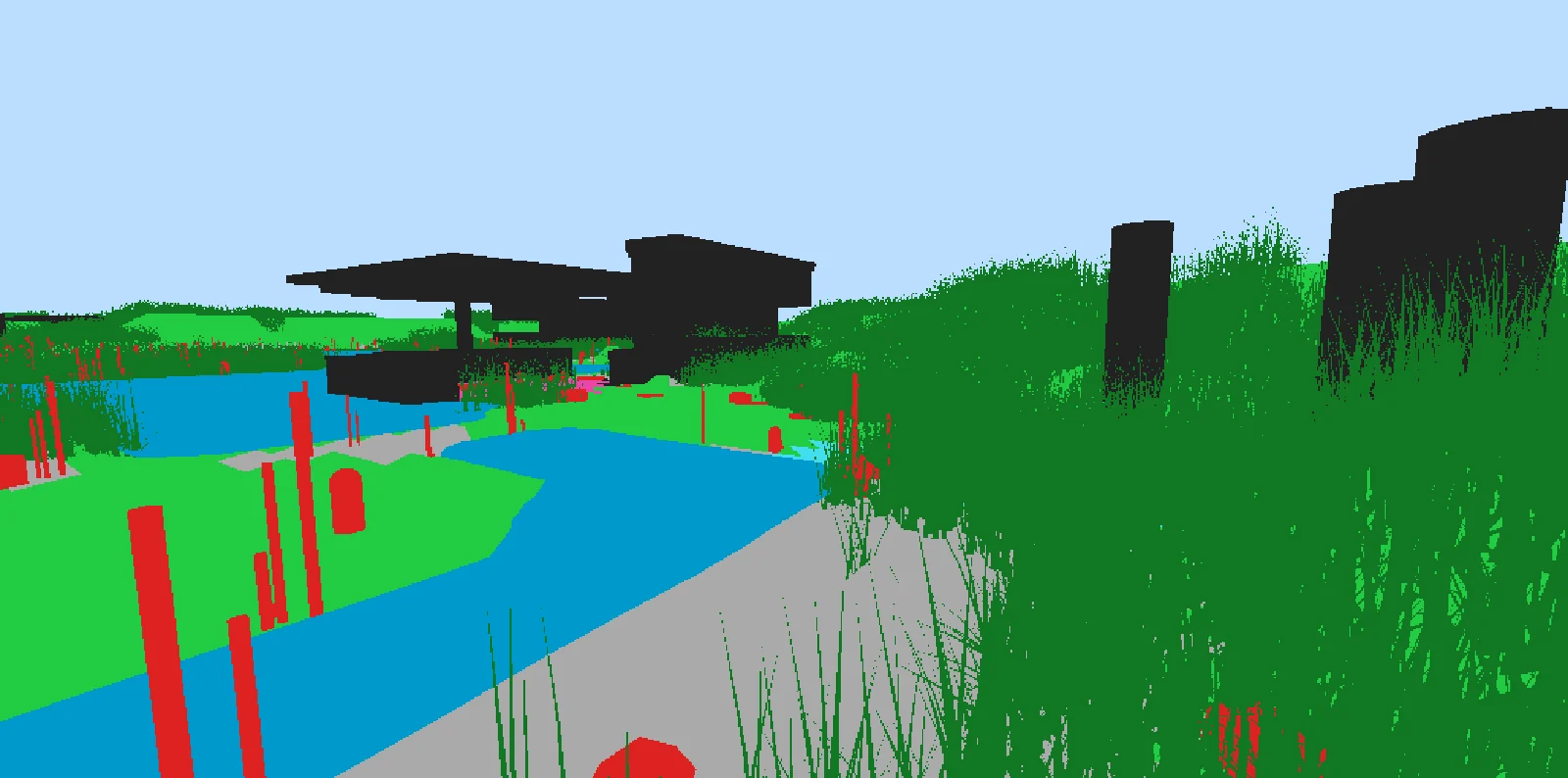 The same view as flat colour regions: blue water, green wetland, dark green grass, red props, grey path, light blue sky