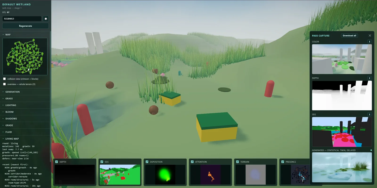 The prototype's debug interface: a sidebar with a minimap and a list of recent changes, a strip of six field previews along the bottom, and a capture panel showing colour, depth, segmentation and a generated image