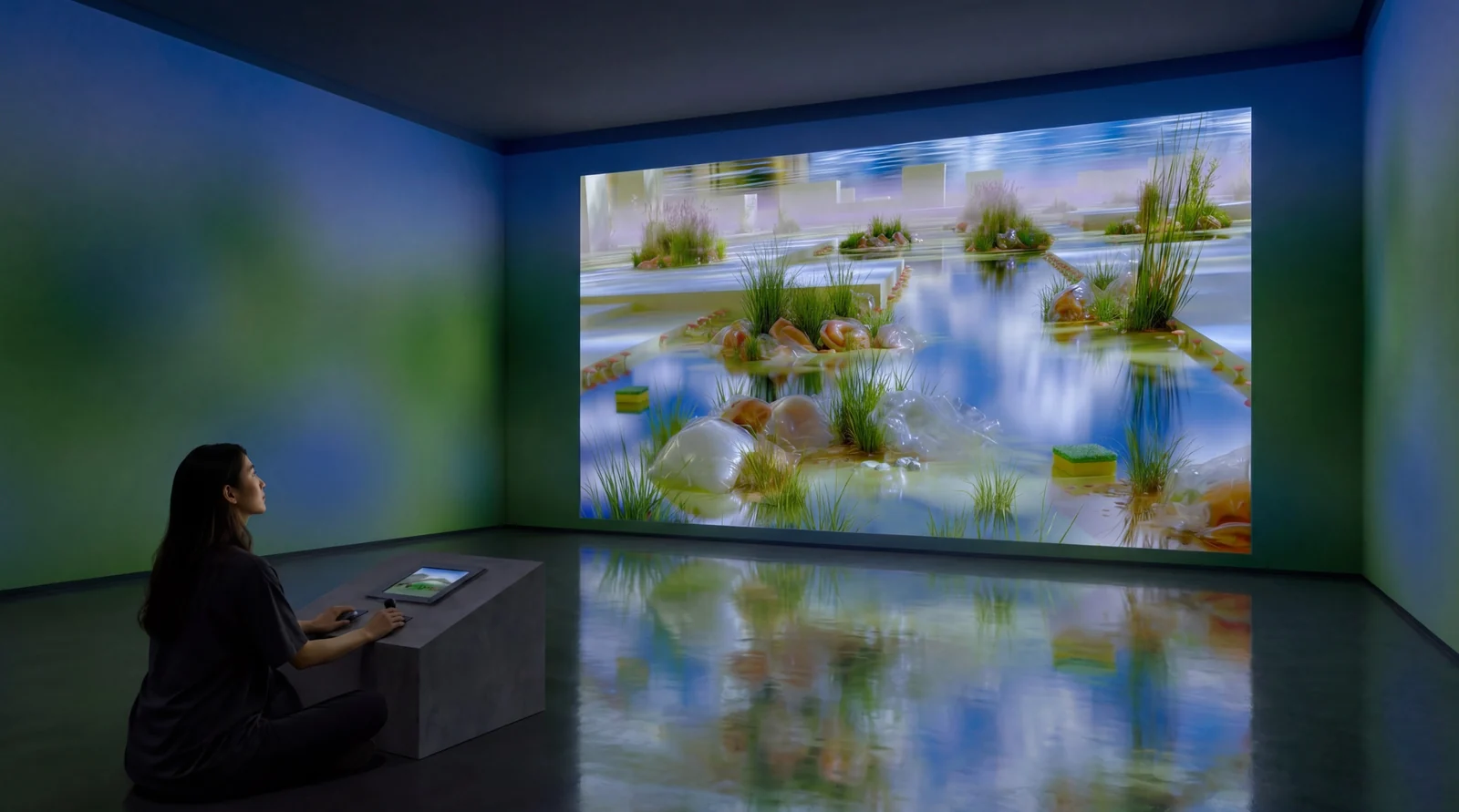 A rendered view of a visitor seated at the console, facing the projection