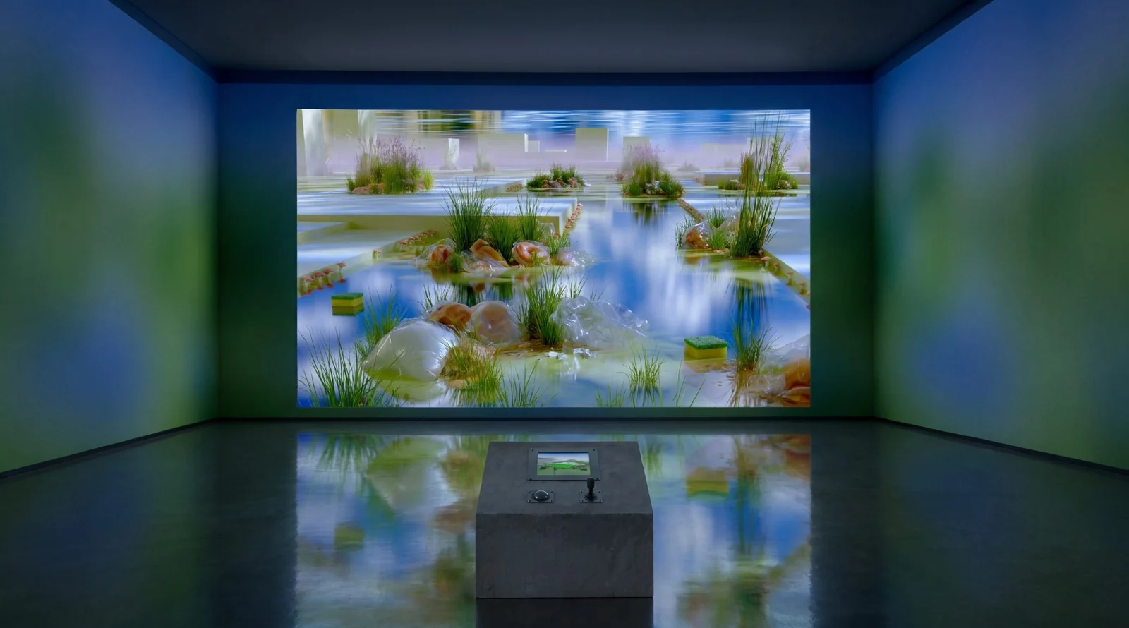 A rendered dark room with blurred green-blue wetland wallpaper, a large projection of a glossy generated wetland on the front wall and a low grey console in the centre