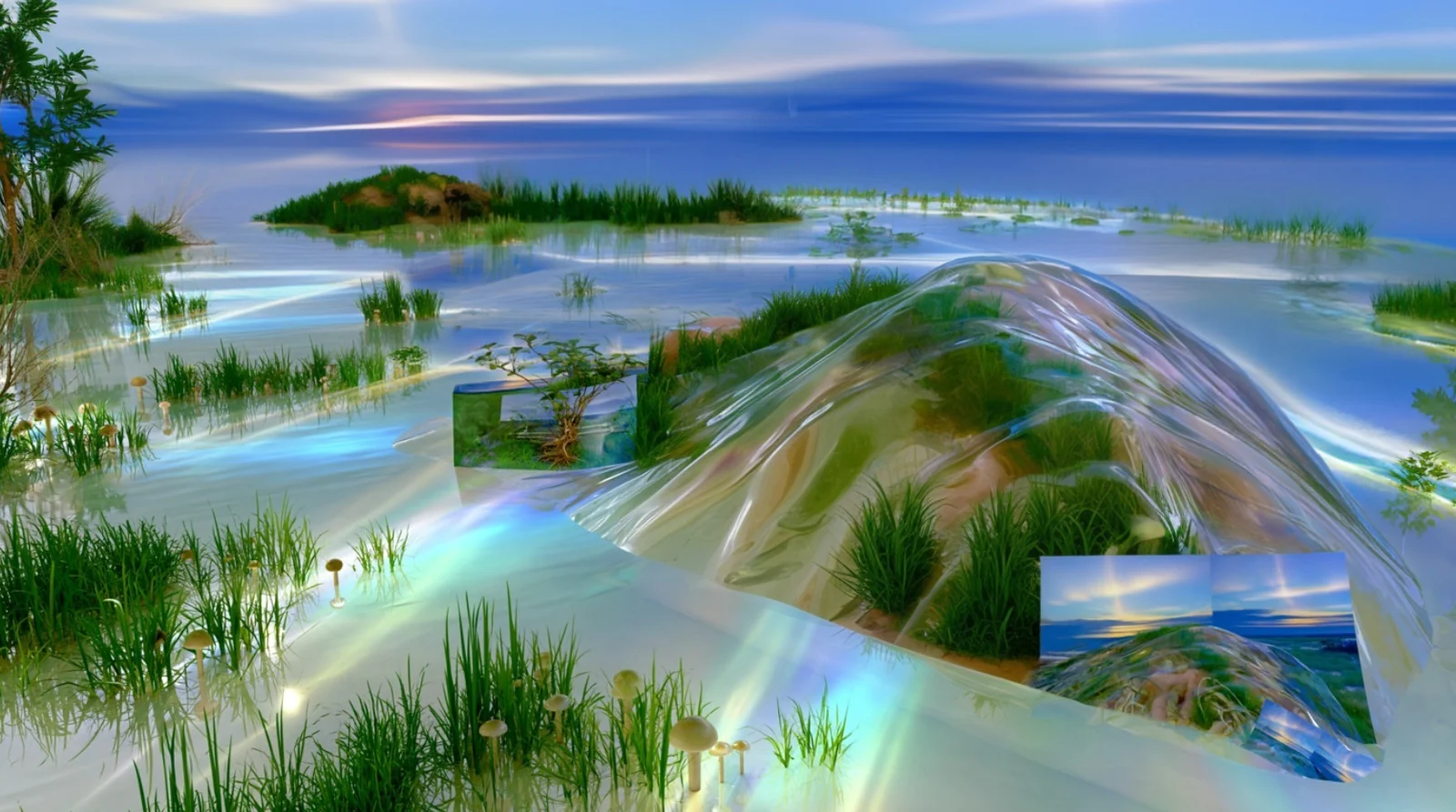 A clear plastic membrane draped over a grassy mound in shallow iridescent water, with small framed photographs of sky set into it