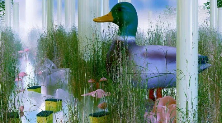 A duck decoy standing in tall grass between white columns and sponges