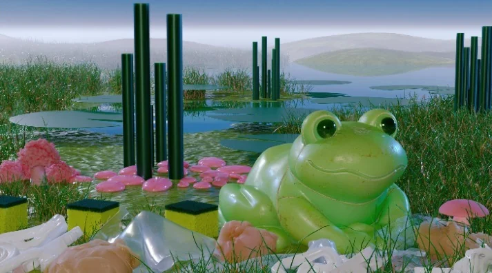 A pale green ceramic frog among pink flowers, sponges and black posts by a pond