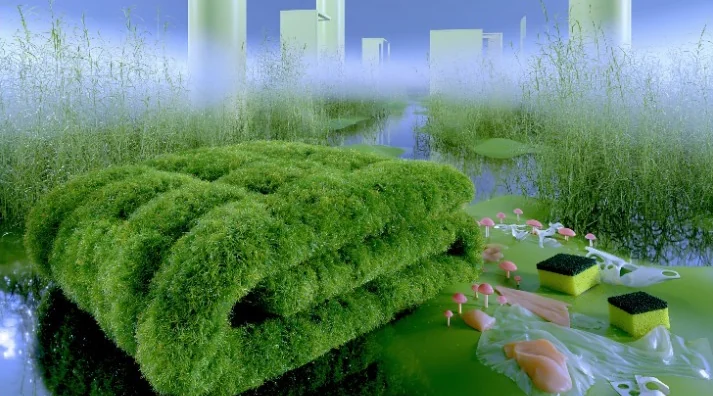 A folded towel made of moss lying in green water with sponges around it
