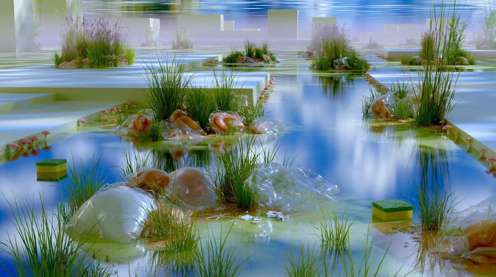 A glossy wetland: channels of bright blue water between pale stone ledges, tufts of grass, pink mushrooms, kitchen sponges and flesh-coloured forms wrapped in clear plastic