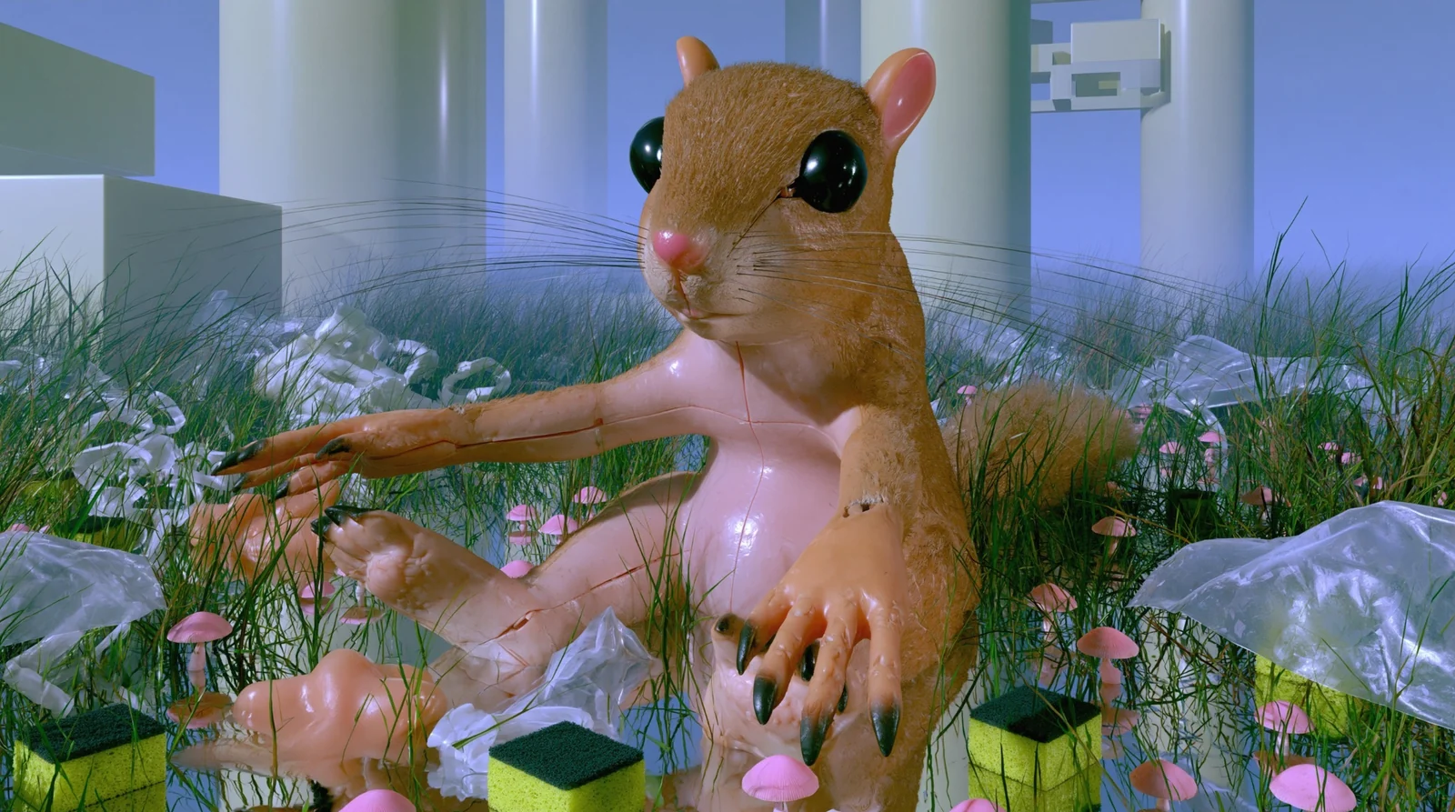 A large toy squirrel with glossy eyes sitting in wet grass among plastic bags, sponges and pink mushrooms, white columns behind
