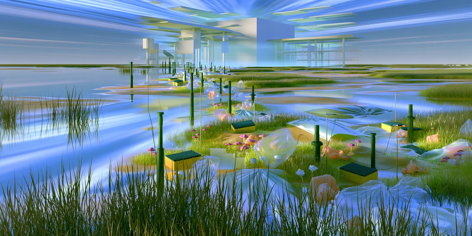 A glossy blue wetland under streaked sky: green posts, kitchen sponges, pink mushrooms and plastic-wrapped forms in the grass, a white pavilion on the horizon