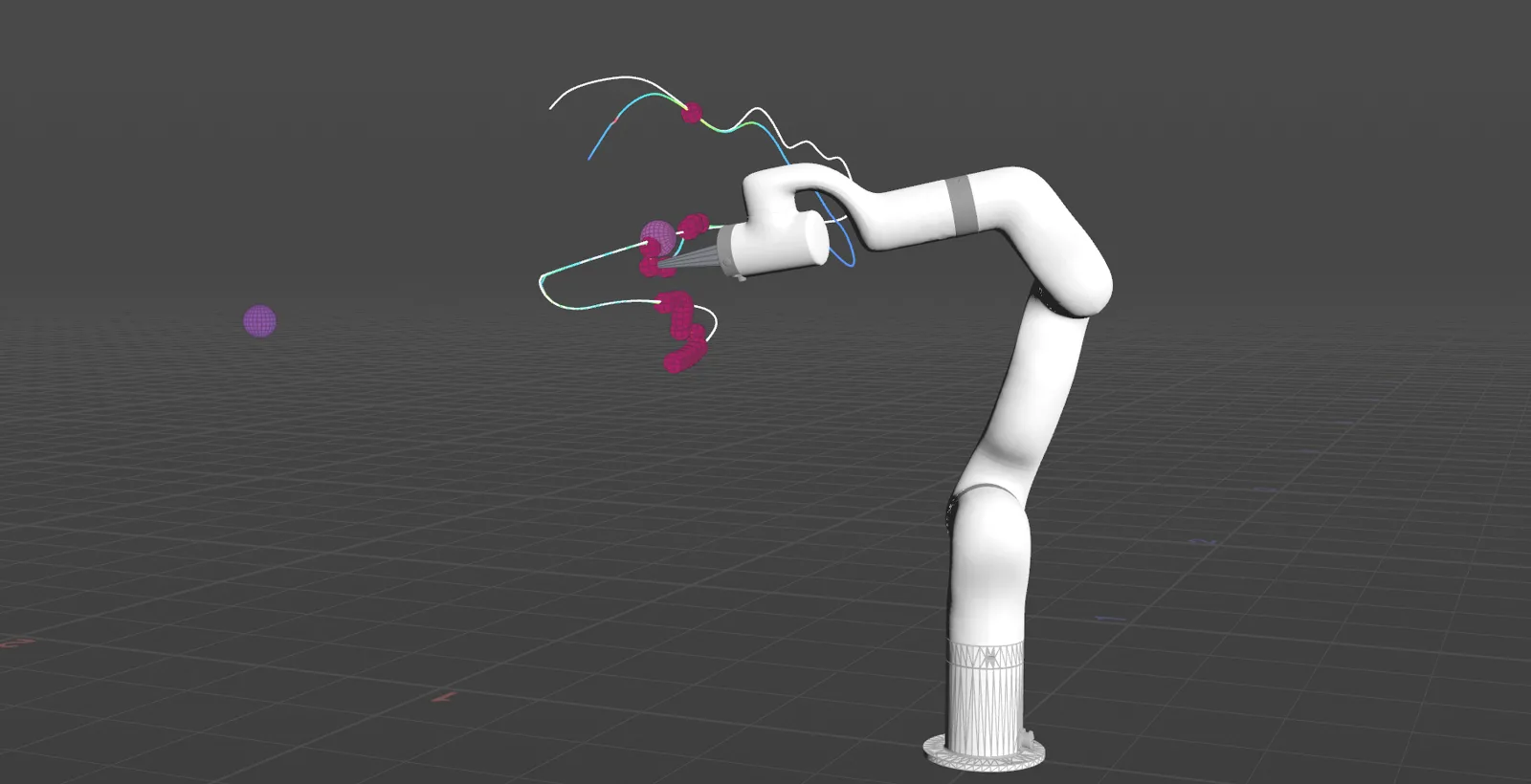 Houdini viewport showing a robot arm with its goal curve, achieved path coloured by joint velocity, and magenta markers on the frames that fail validation