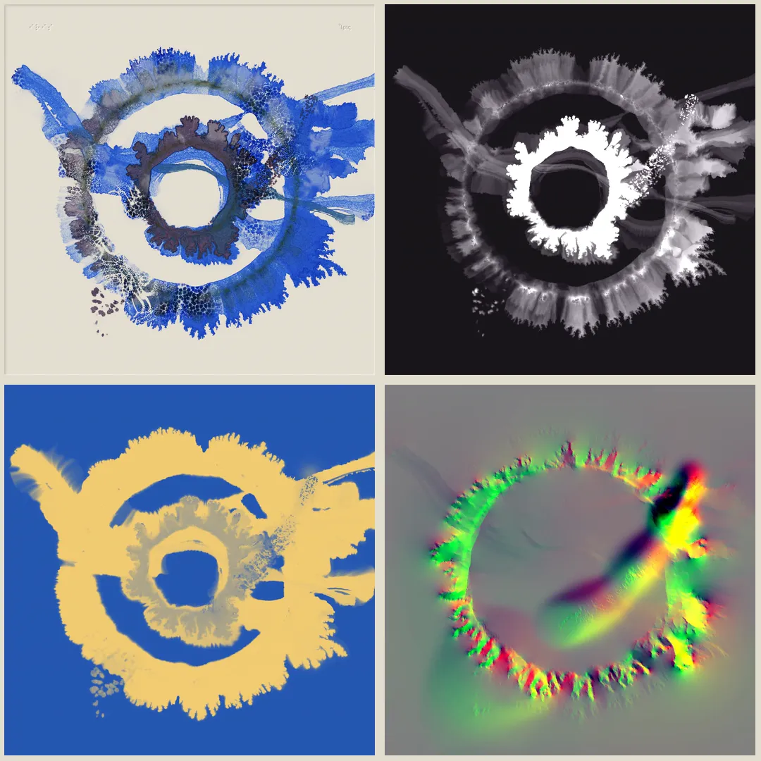 One frame of a painting shown four times: as the finished picture, as a greyscale pigment density field, as a water field, and as a velocity field