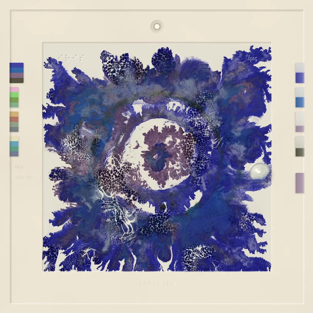 An indigo painting flooded to the edges of the sheet, heavily granulated, around a pale open centre