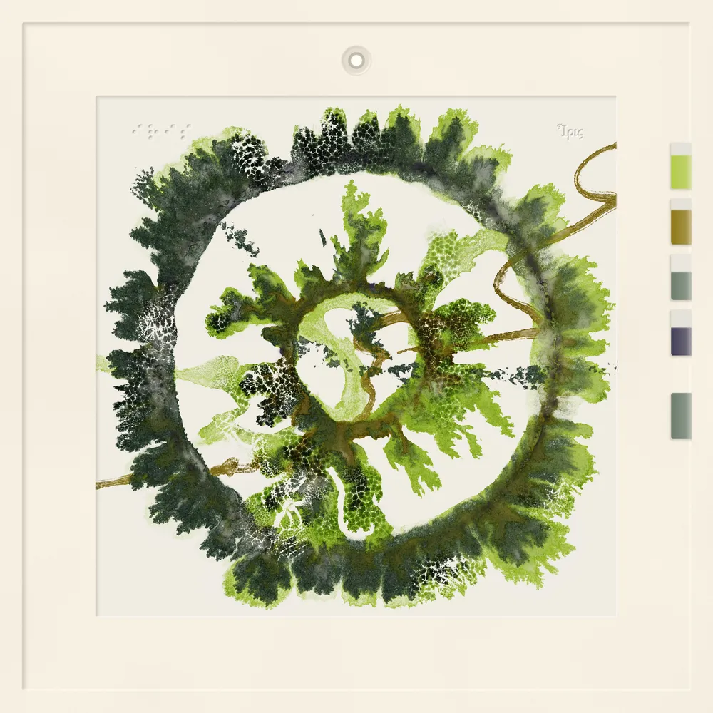 A dark green painting, an open ring of fronded edges on bare paper