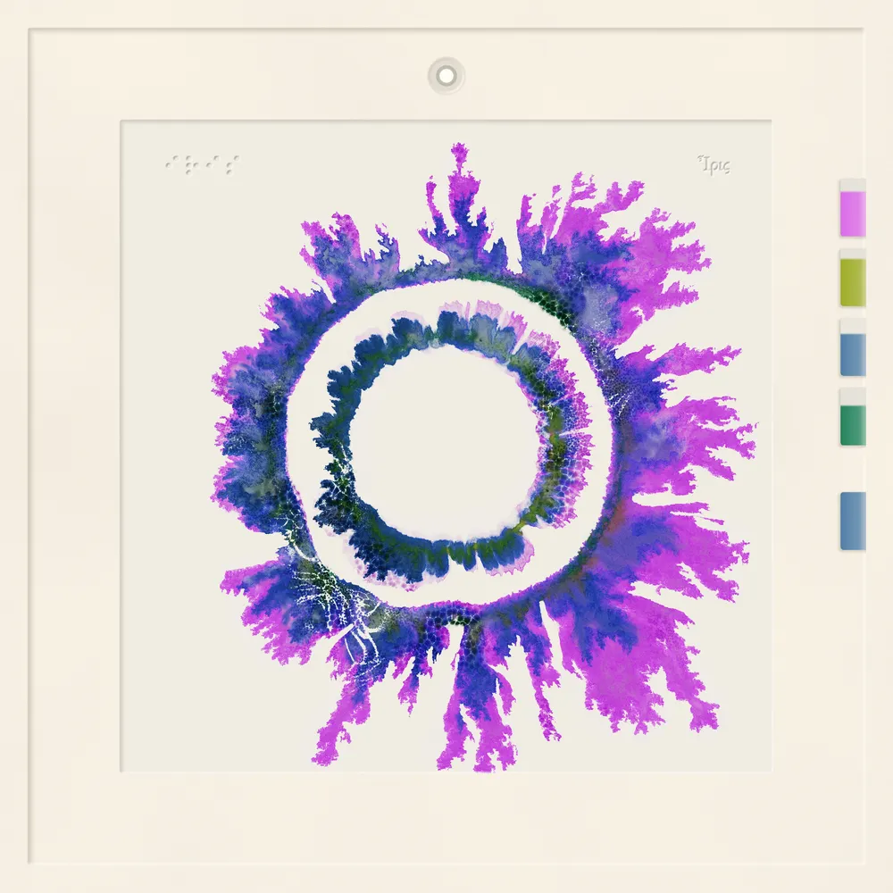 A magenta and blue painting, a clean ring with long radiating fronds