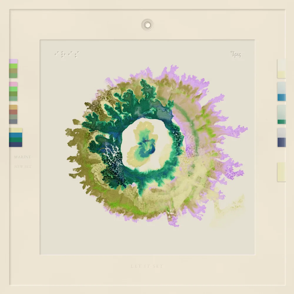 An olive ring with lilac fronds, and inside it a deep teal ring grown into branching dendrites