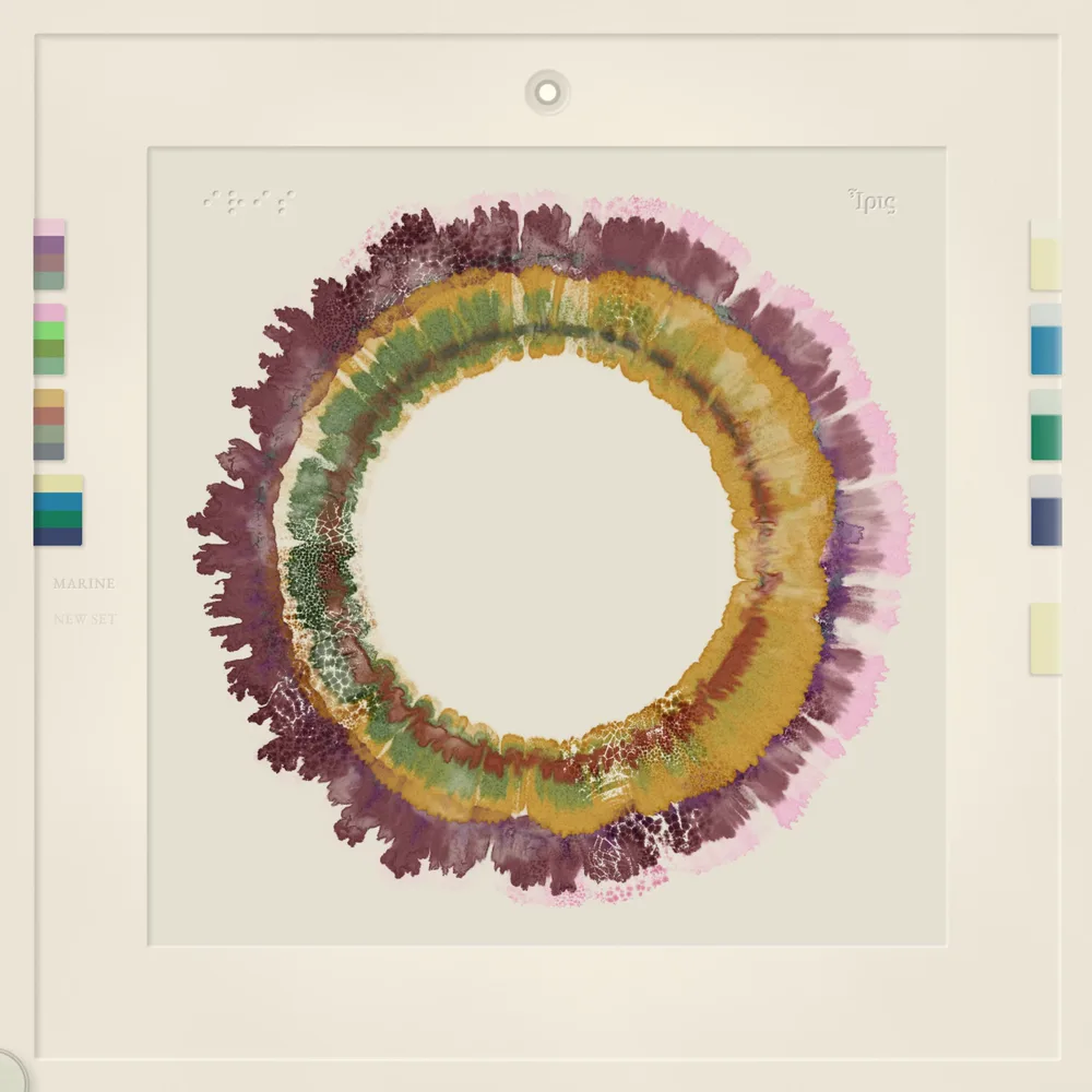 A wine-coloured fronded ring holding a second ring of ochre and sage laid in a later palette