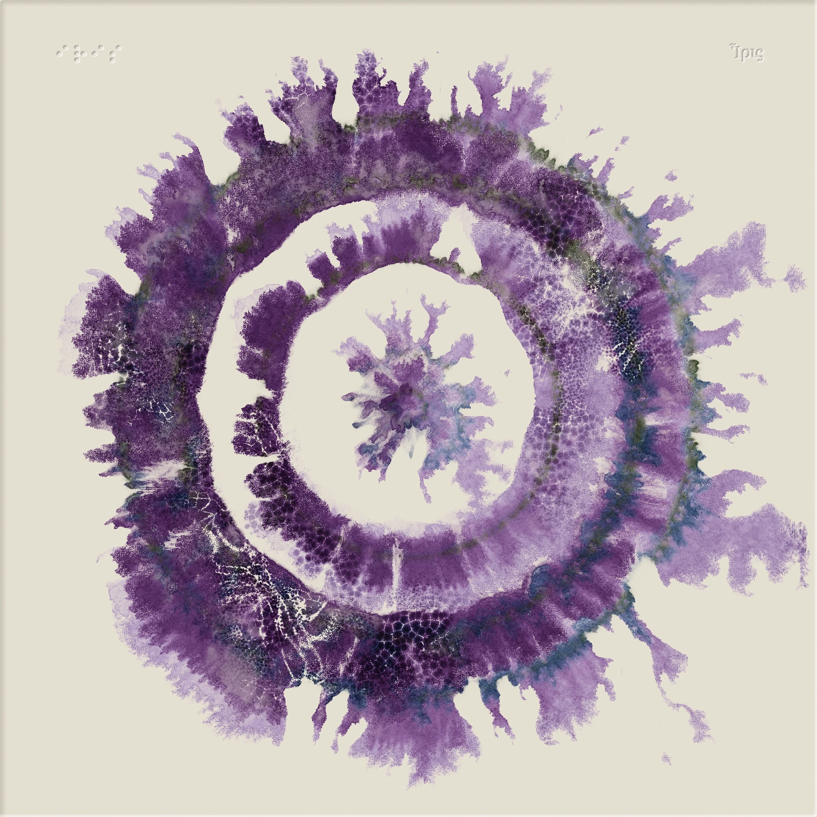 A dense purple ring of pigment with heavily granulated fronded edges, made by the breath alone with no hand-laid marks