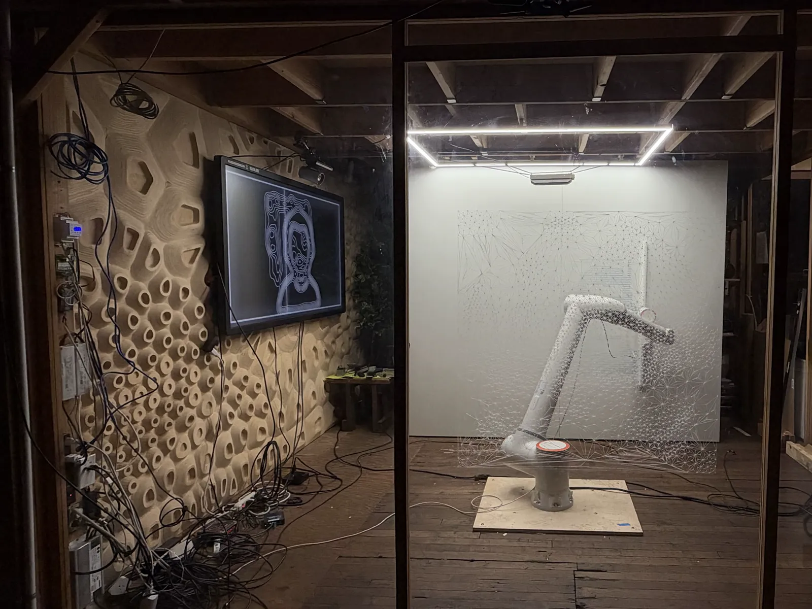 A glass-walled room at night: a TV of white contour lines on a sculpted wooden wall at left, a white robot arm before a white wall at right, a square LED frame on the ceiling