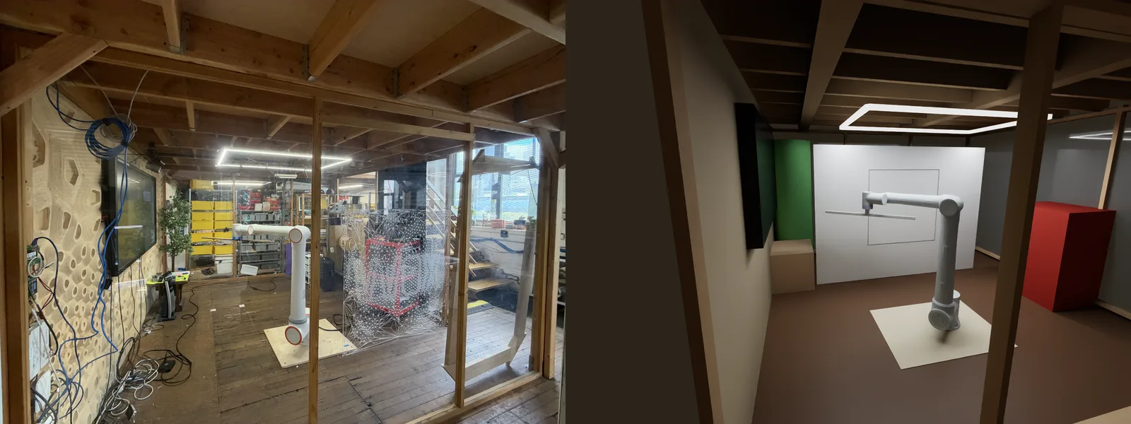 Left, a photograph of a glass-walled workshop room with a white robot arm and a ceiling LED frame; right, the same view rendered in Isaac Sim, with a white canvas wall behind the arm