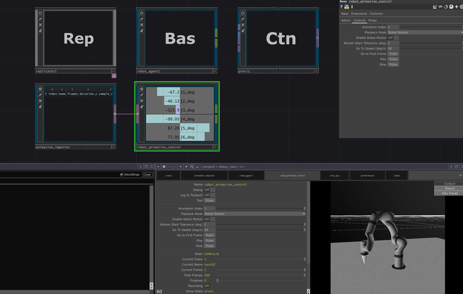 TouchDesigner network showing robot agent, animation importer and animation control operators
