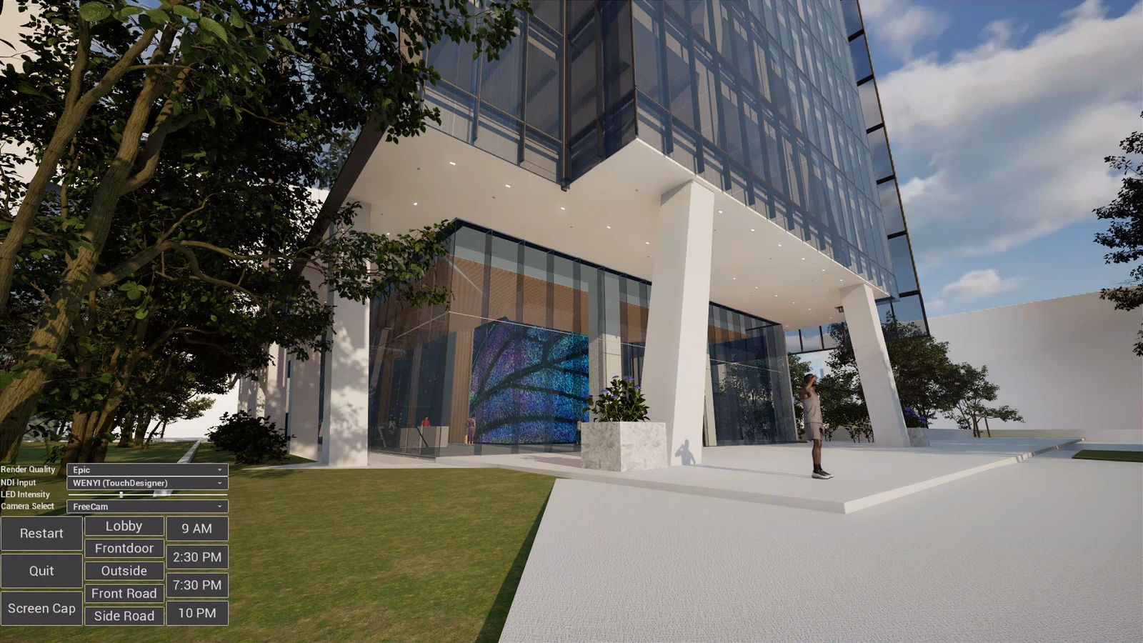 Daytime exterior view of the building with the LED wall visible through the glass