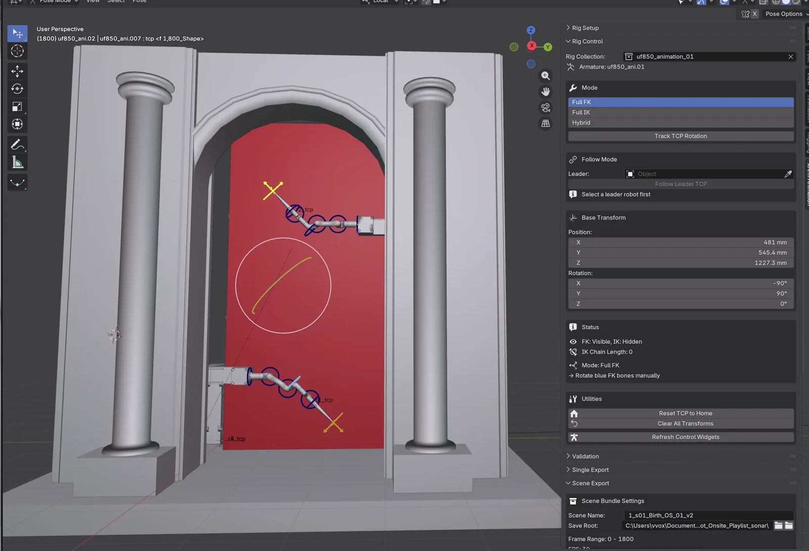 Blender showing two robot arms rigged in front of a reconstructed stone archway, with the addon panel listing mode, follow mode and base transform