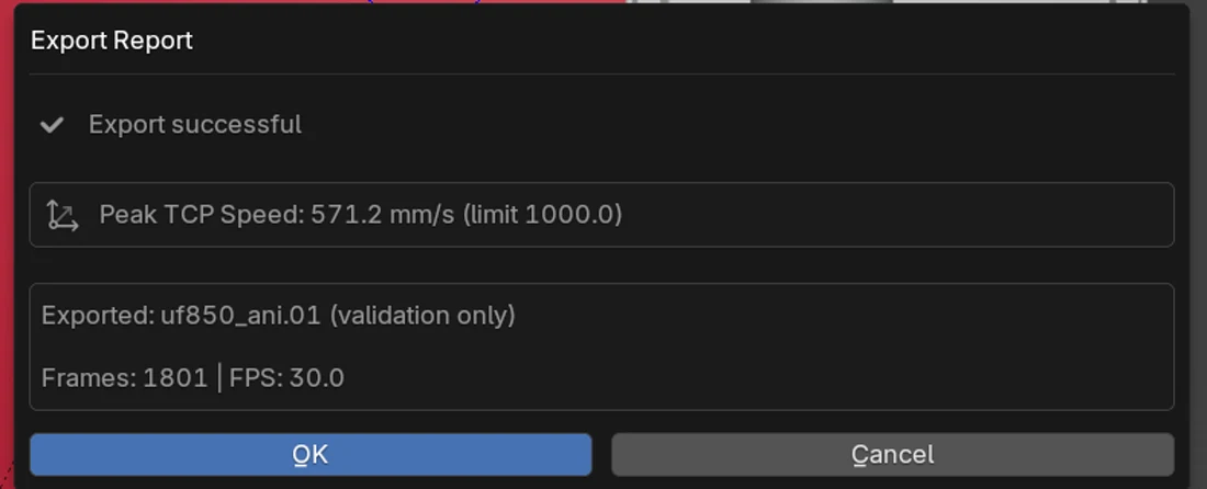 Export report reading peak TCP speed 571.2 mm/s against a limit of 1000 mm/s