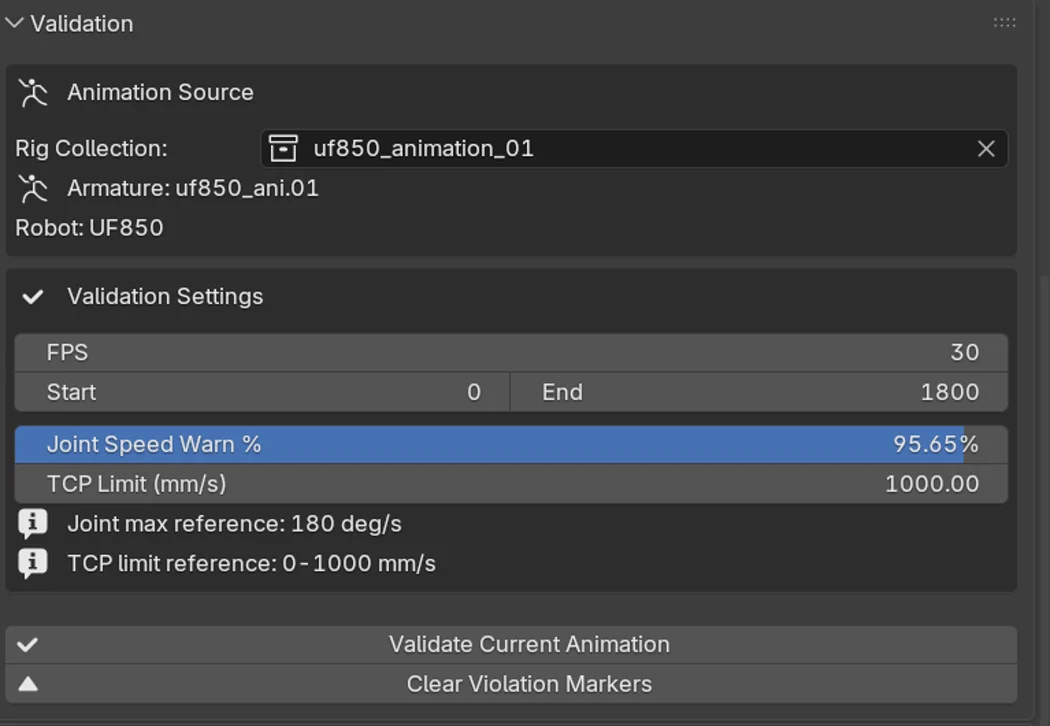 The addon's validation panel showing FPS, frame range, joint speed warning percentage and TCP limit