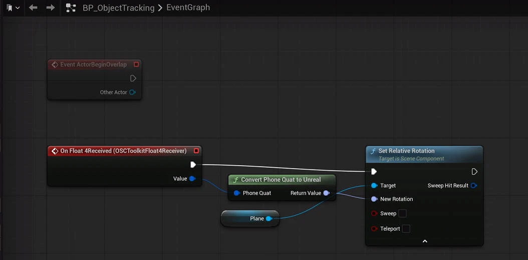 Unreal Blueprint graph with an On Float4 Received event feeding a quaternion conversion into Set Relative Rotation