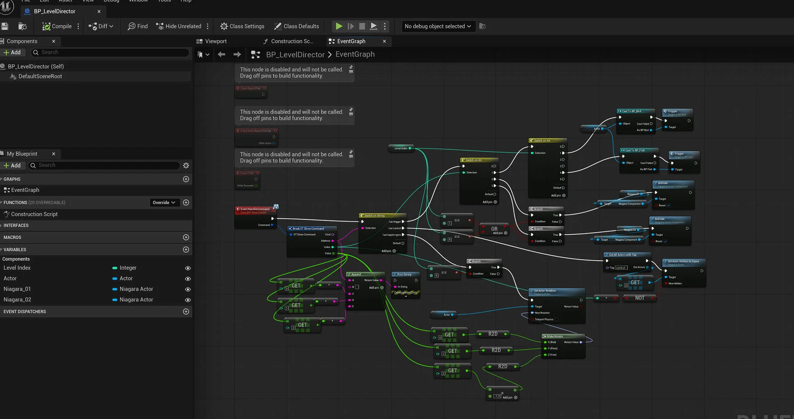 A large Unreal Blueprint graph switching on a level index, with per-level branches casting to specific actors and activating Niagara components