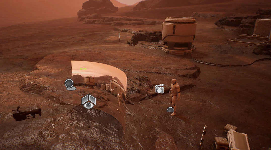 An Unreal test level with rocky terrain, props and a character, with actor markers visible